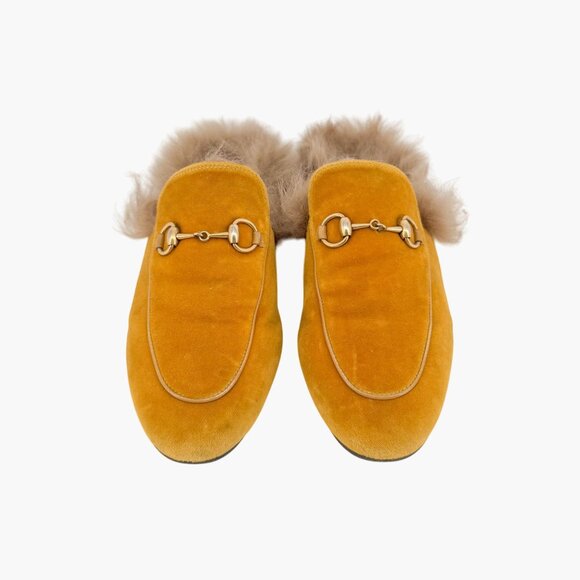 Gucci Princetown Horsebit Fur Mule EU 37 US 7 Gold Velvet Loafer Yellow Shoe - Picture 2 of 12